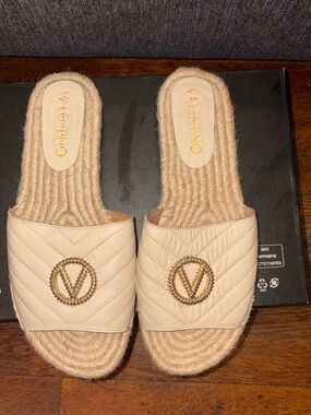 Valentino Cream Quilted Logo Slide Mules